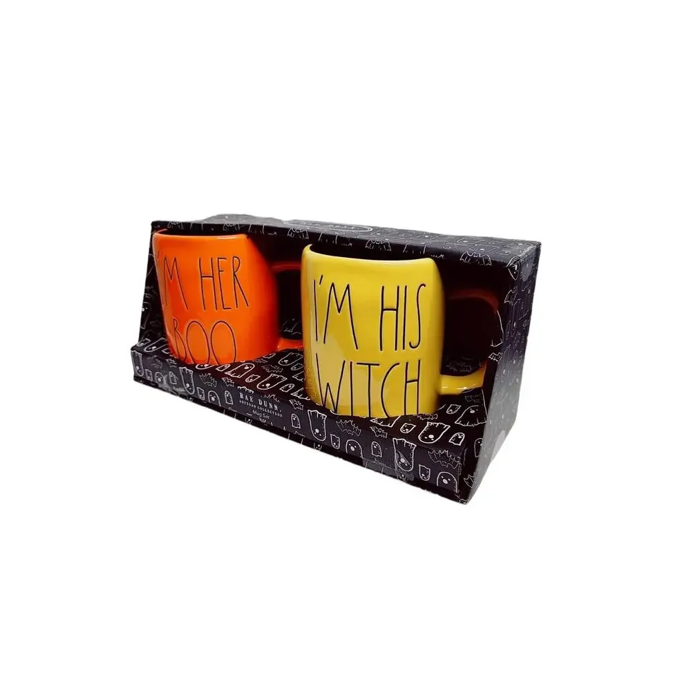 Rae‎ Dunn I’m Her BOO I’m His WITCH Orange & Yellow Coffee Tea Mug Set Halloween